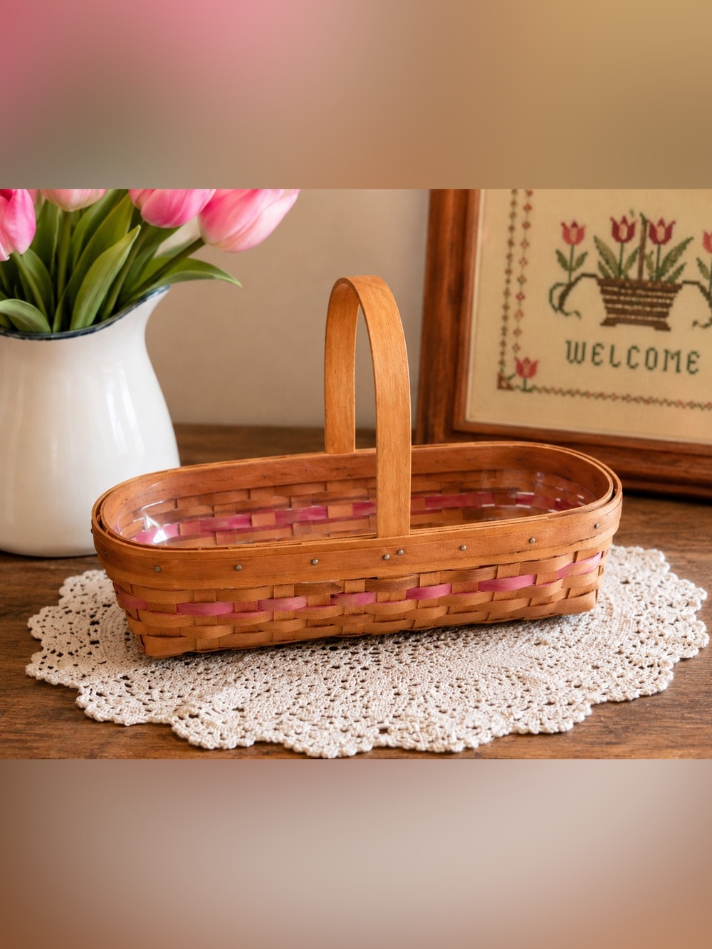 Longaberger 1995 Grandma Bonnie’s May Tulip Basket Pink Weave Protector